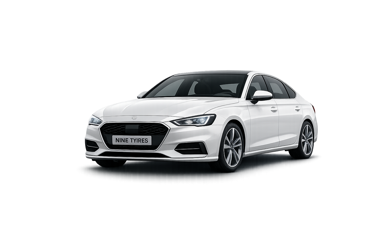 A white premium sedan on the Nine Tyres service platform