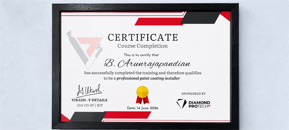 Diamond ProTech Certificate of Course Completion — professional paint coating installer, awarded to B. Arunrajapandian