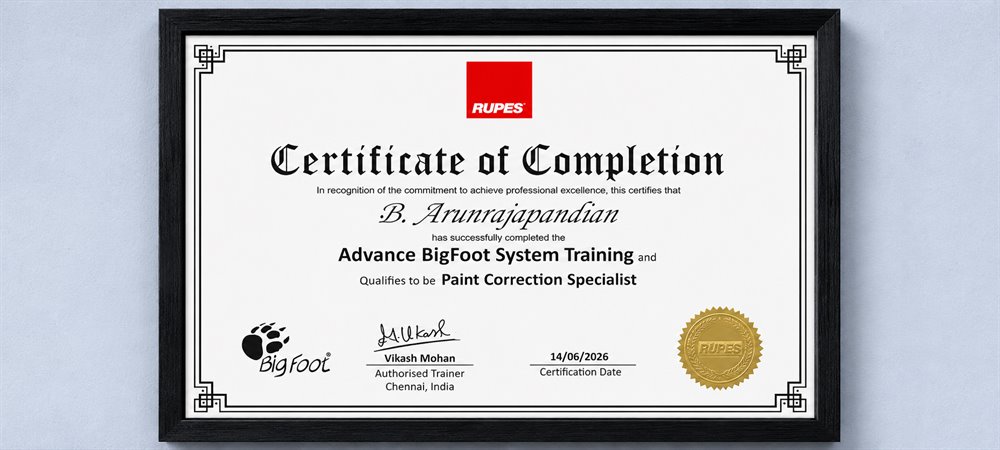 RUPES Certificate of Completion — Advance BigFoot System Training, Paint Correction Specialist, awarded to B. Arunrajapandian