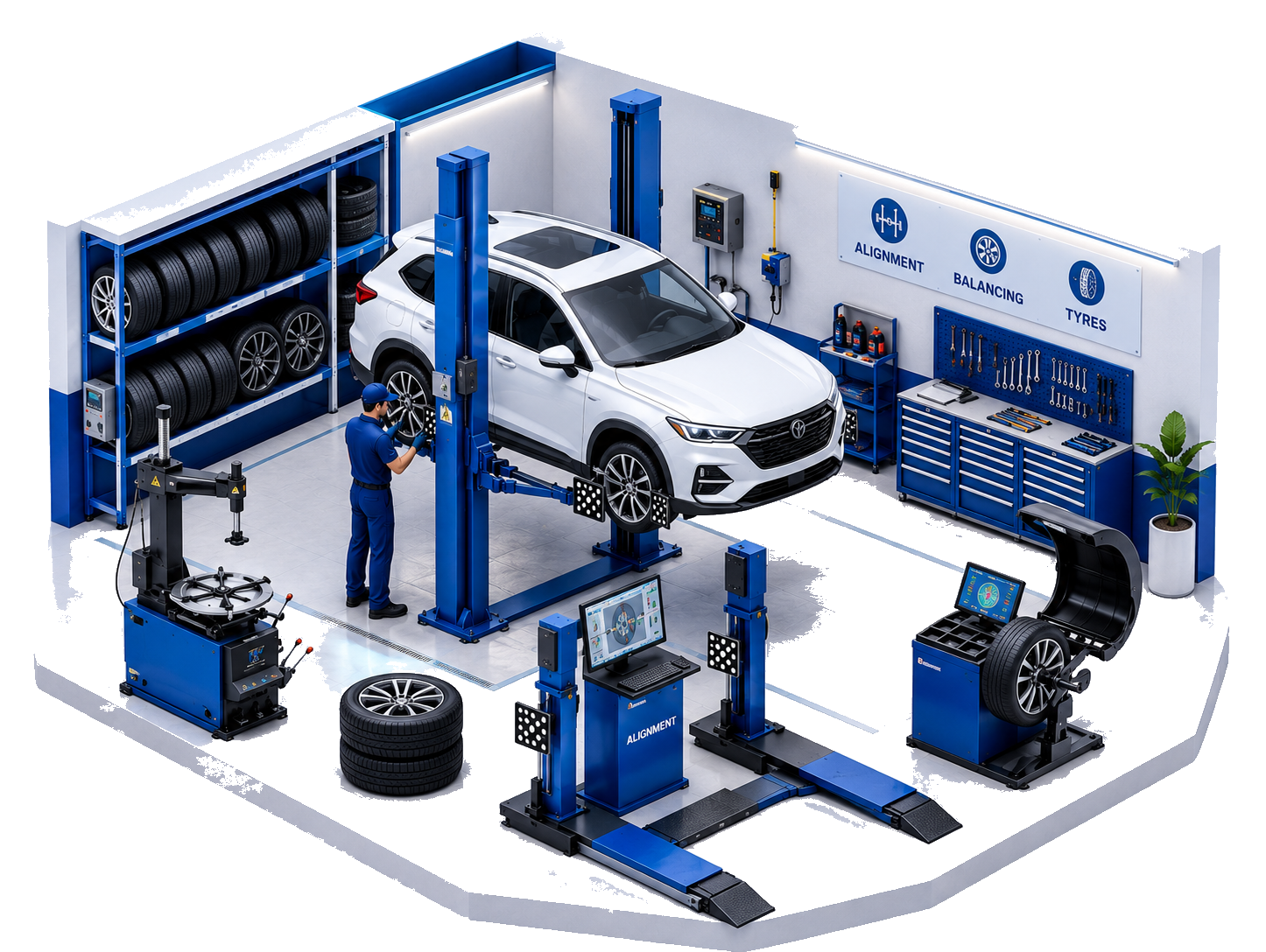 A modern Nine Tyres workshop with a car on a two-post lift, alloy shelf, alignment and balancing bays